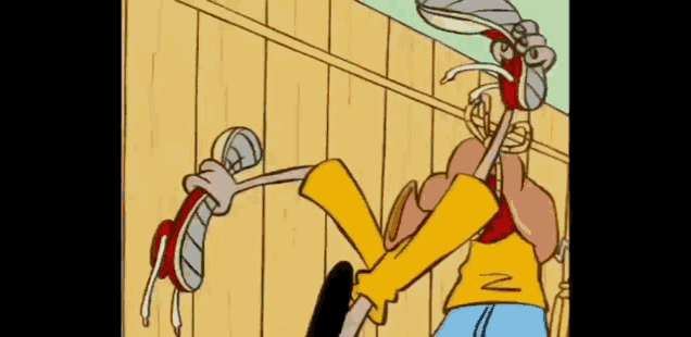 a couple of cartoon characters are standing next to each other in front of a fence .