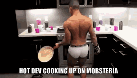 a shirtless man in underwear is cooking in a kitchen with the caption hot dev cooking up on mobsteria