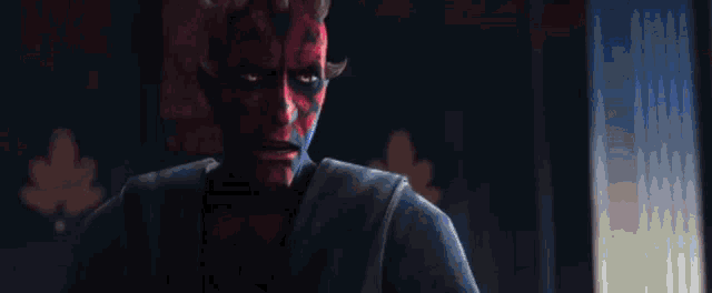 darth maul is holding two red lightsabers in his hands