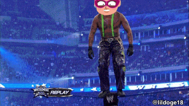 a cartoon of a man standing on a pole with the words replay on the bottom