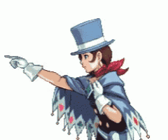 a pixel art of a person wearing a top hat and pointing .