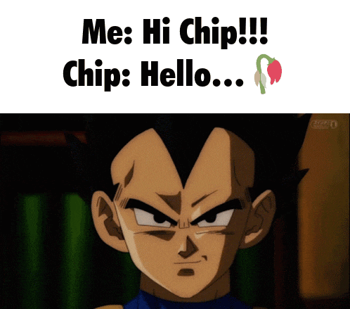 a picture of a dragon ball z character with the words me hi chip chip hello