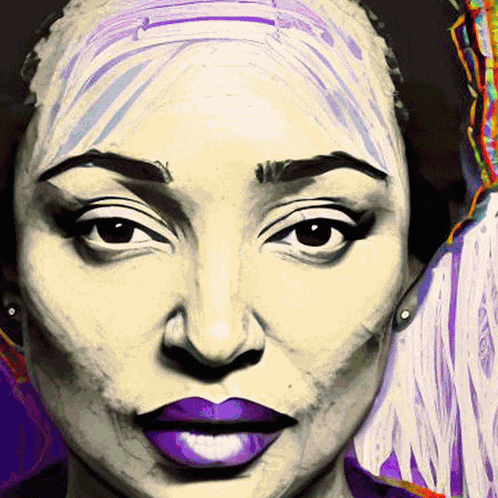 a close up of a woman 's face with purple lips and earrings