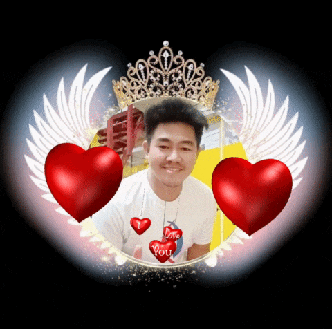 a man is surrounded by red hearts and a crown that says i love you