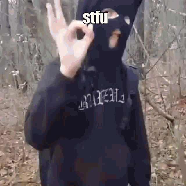 a person wearing a black mask and a black hoodie is giving the ok sign .