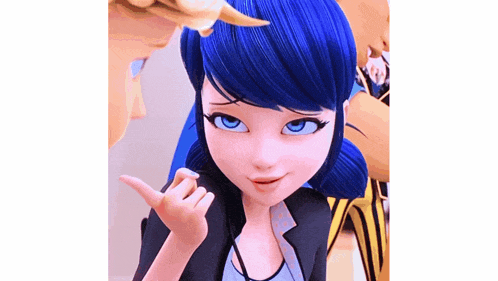 a close up of a cartoon girl with blue hair and blue eyes