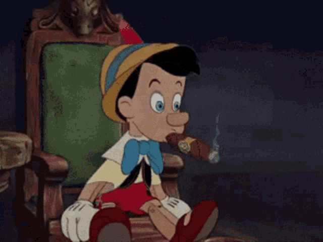 a cartoon character is sitting in a chair with his arm outstretched