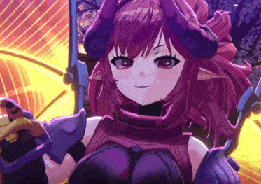 a girl with purple hair and horns is holding a gun