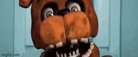 five nights at freddy 's freddy the bear is standing in front of a door and looking at the camera .
