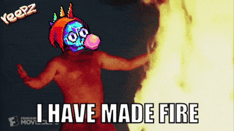 a pixelated image of a man holding a fire with the words i have made fire above him