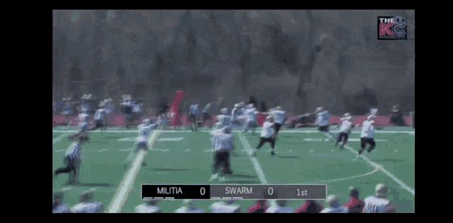 a football game is being played between militia and swarm and the score is 0 to 0