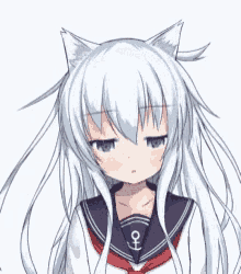 a girl with white hair and cat ears is wearing a school uniform with an anchor on it