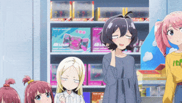 a group of anime girls are standing in front of a shelf with boxes on it that says ' fireworks ' on them