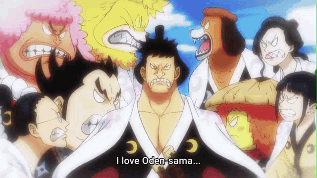 a group of anime characters with one saying i love oden sama
