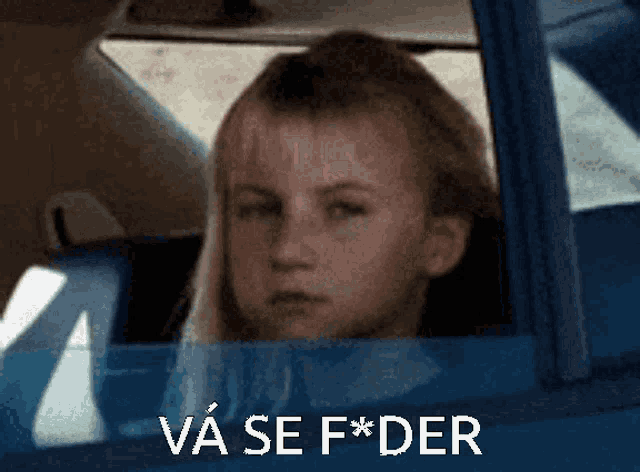 a girl is looking out of a car window and the words va se f * der are above her