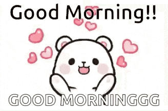 a white teddy bear is surrounded by pink hearts and the words `` good morning ! ''