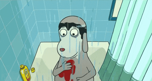 a cartoon dog is taking a shower in a bathroom with a bottle of dog shampoo in the background