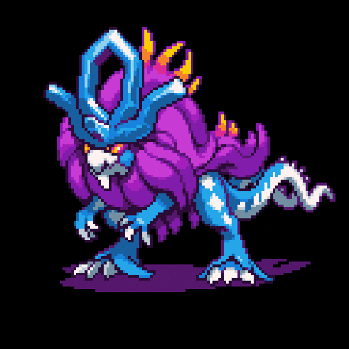 a pixel art drawing of a purple and blue monster with a sword on its head .