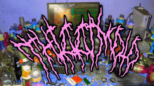 a bunch of bottles and cans are on a table with a pink logo that says ' apocalypse ' on it