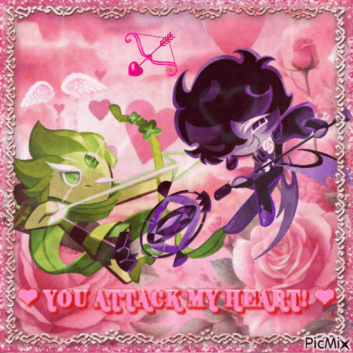 a picture of two cartoon characters with the words you attack my heart on the bottom