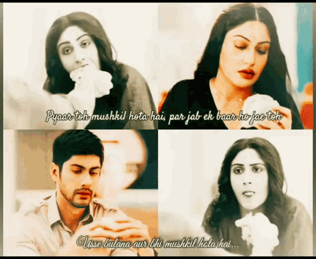 a man and a woman are sitting next to each other with the words pyaar toh mushkil hota hai