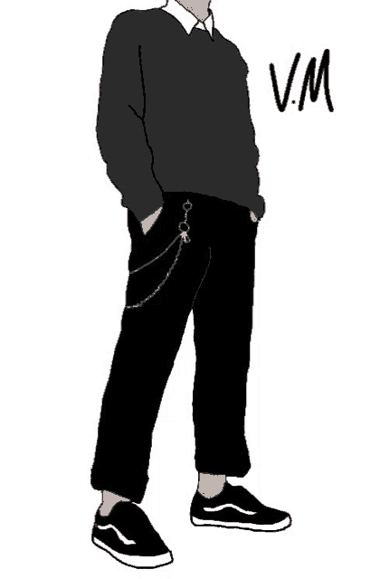 a drawing of a man wearing a black sweater and black pants with chains on the pants .