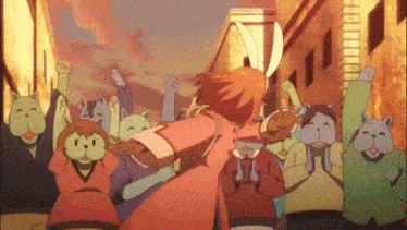 a girl in a red dress is surrounded by a group of cats