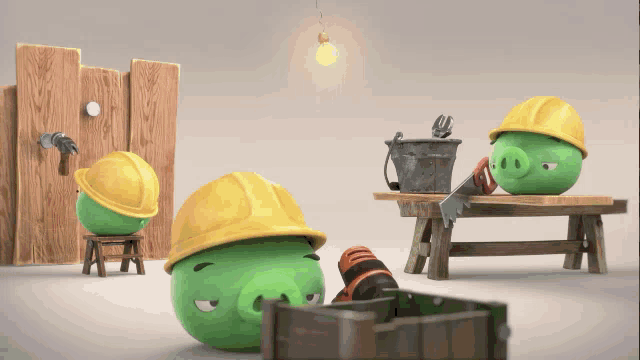 a green pig wearing a hard hat is sitting on a wooden bench