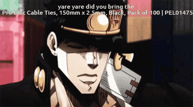 a picture of a cartoon character with the words " yare yare did you bring the pro elec cable ties "
