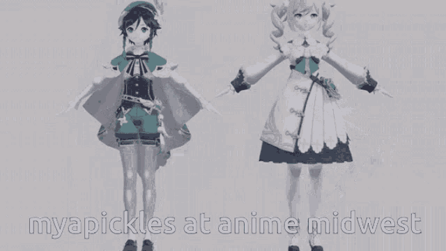 a couple of anime characters standing next to each other with the words `` my pickles at anime midwest '' written on the bottom .