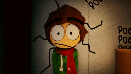 a cartoon character with a scarf around his neck is standing in front of a wall that says poo on it
