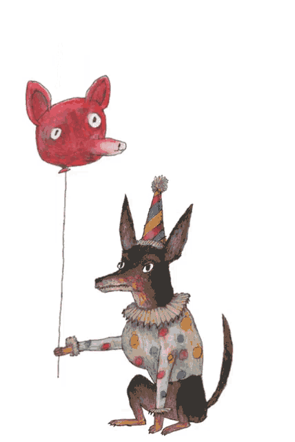 a clown dog is holding a red balloon
