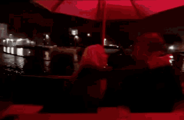 a blurry picture of a couple kissing under an umbrella