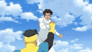 a couple of cartoon characters are fighting each other in the sky .