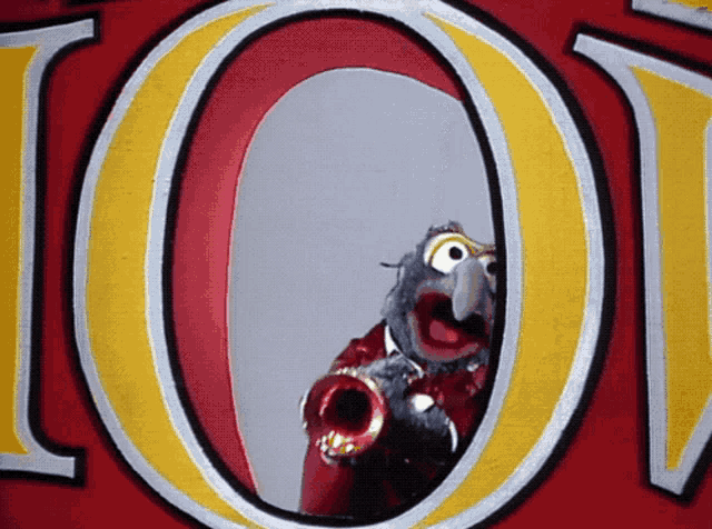 a cartoon parrot is playing a trumpet in front of a large o