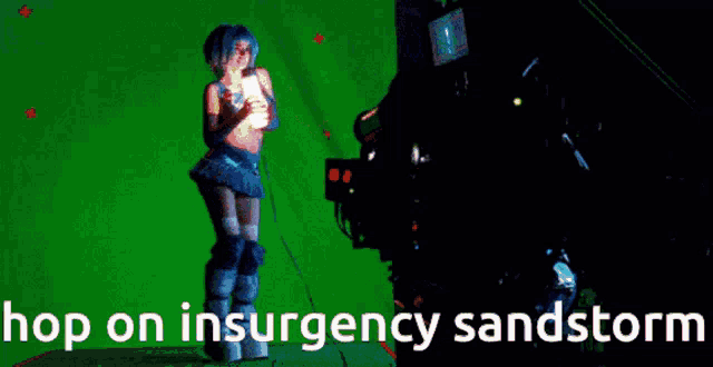 a green screen with the words hop on insurgency sandstorm in white letters