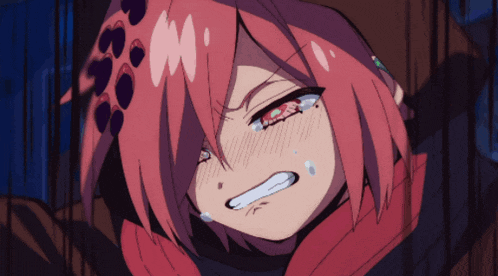 a girl with pink hair is crying with tears coming out her eyes