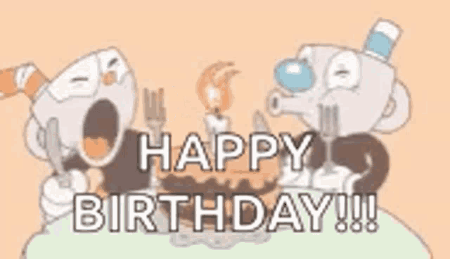a happy birthday greeting card with two cuphead characters holding knives and a cake .
