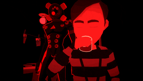 a cartoon drawing of a man in a black and red striped shirt