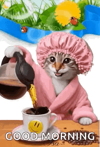a cat in a pink robe is pouring coffee into a cup .
