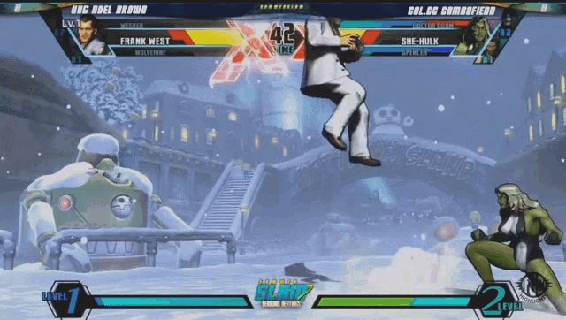a video game screen shows a fight between frank west and colcc combofiero