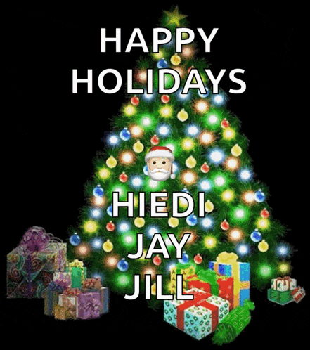 a christmas tree with presents underneath it and the words happy holidays heidi jay jill