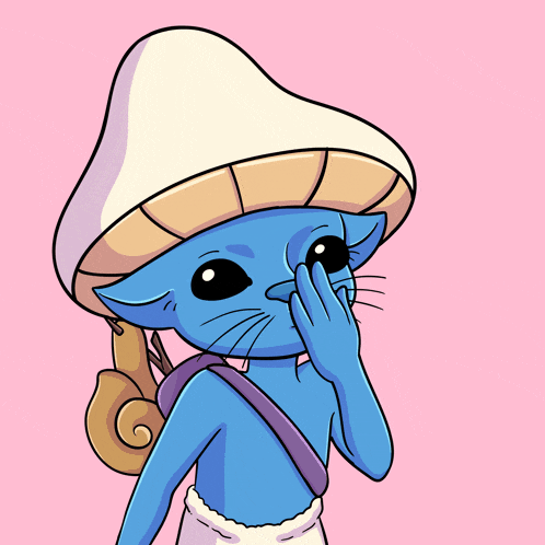 a smurf wearing a mushroom hat is blowing hearts in the air