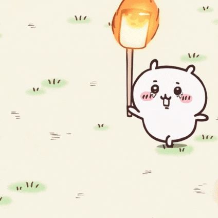a cartoon character is holding a marshmallow on a stick in the grass