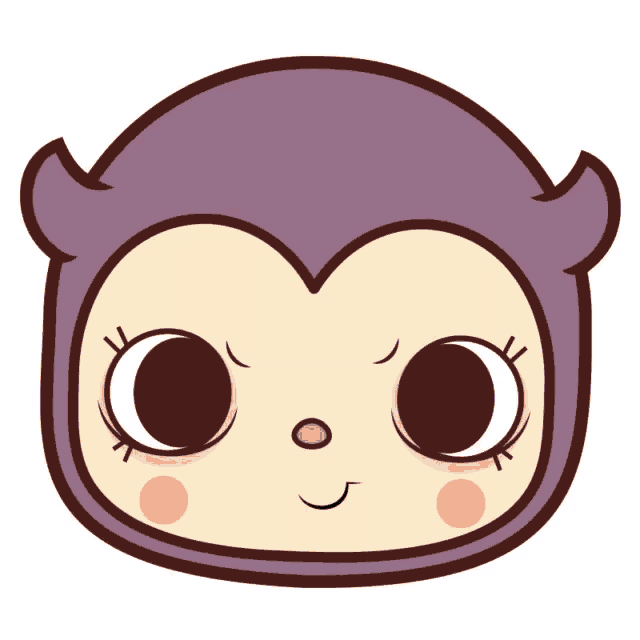 a cartoon drawing of a purple monkey with big eyes and a pink nose