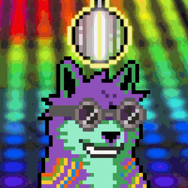 a pixel art drawing of a dog wearing glasses and a disco ball on its head