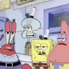 a group of cartoon characters including spongebob , patrick star , and crabs are standing next to each other .