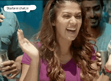 a woman is laughing with a speech bubble that says startamichat.in above her
