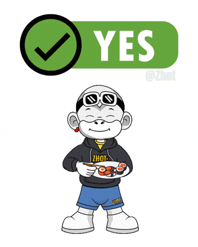 a cartoon character holding a plate of sushi and a yes sign
