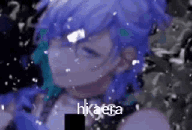 a close up of a person with purple hair and the name hikaera on the bottom